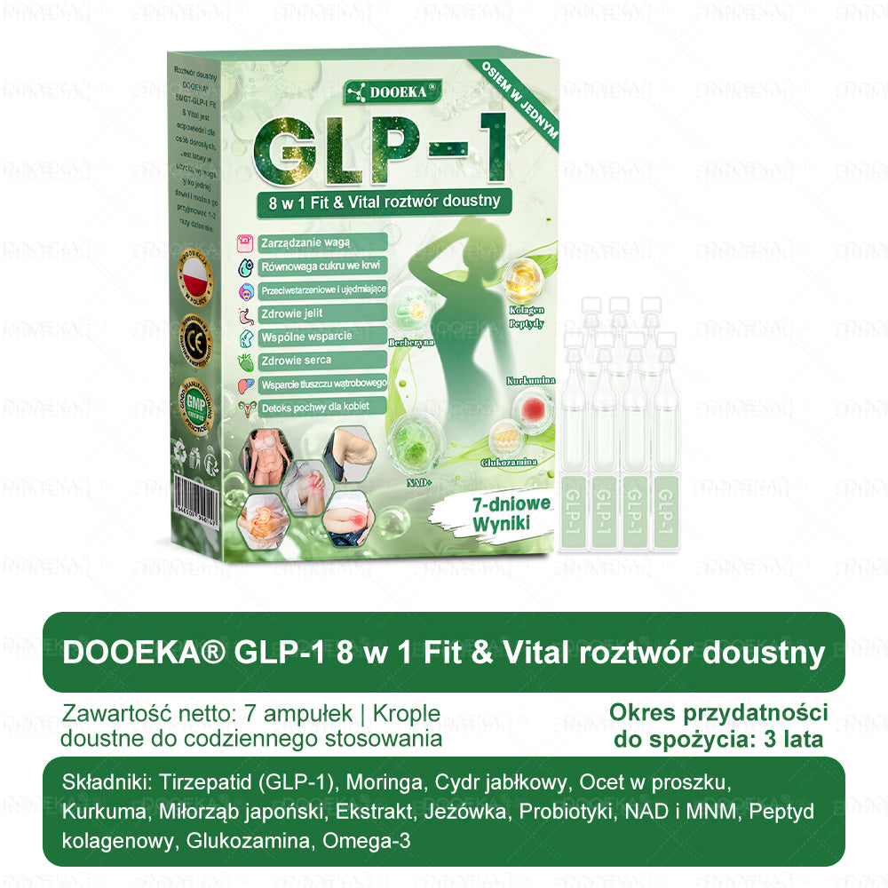 🍏🍏DOOEKA® GLP-1 8 w 1 Fit & Vital roztwór doustny – Raz dziennie, widoczne zmiany w ciągu 7 dni / W przypadku otyłości, zdrowia serca i układu krążenia, cukrzycy, bezdechu sennego, zdrowia jelit, problemów ze stawami i wielu innych