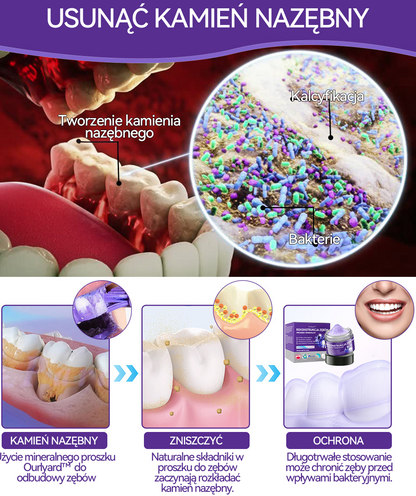 🟣Ourlyard™ Proszek mineralny do regeneracji zębów 🔥Kompleksowa pielęgnacja: naprawa, wybielanie, zdrowe dziąsła i świeży uśmiech