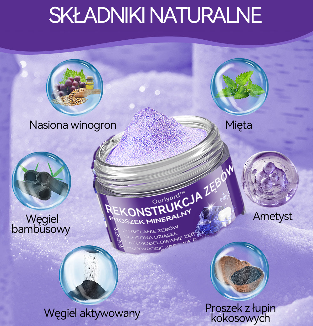 🟣Ourlyard™ Proszek mineralny do regeneracji zębów 🔥Kompleksowa pielęgnacja: naprawa, wybielanie, zdrowe dziąsła i świeży uśmiech